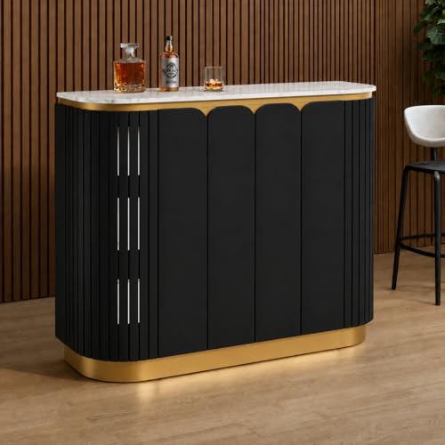 Image of The Attic Carlston Bar Cabinet for Home, Hard and Soft Drinks Bar Storage Cabinet, Wine Whisky Scotch, Solid Mango Wood, Black Matte Finish with Ceramic Marble Top