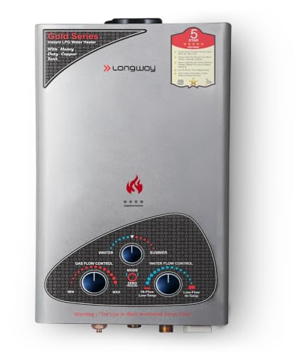 Image of Longway Xolo Gold Dlx 7 Liters 5 Star Rated Automatic Gas Water Heater for Home | Water Geyser | Gas Geyser with Multiple Safety System & Anti-Rust Coating | Silver