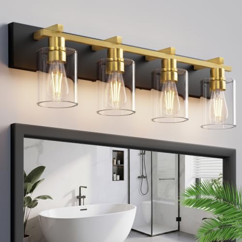Image of Bathroom Vanity Light,4 Light Matte Black and Gold Light Fixture with Thickened Clear Glass Shade, 30 inch Modern Wall Sconce, Bathrooms Vanity Light Over Mirror for Bathroom