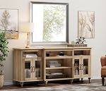 WAMPAT Farmhouse TV Stand for TVs Up to 75 inch, 4-Door Glass and Wood Universal TV Console with 9 Storage Cabinets, Oak Entertainment Center Table for Living Room Bedroom,70''