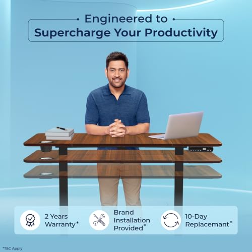 Image of The Sleep Company AeroFlip Adjustable Desk | SmartFlip Ergonomic Tabletop | Height Adjustable 72-120 cm | Wireless Charging | Temperature Controlled Drink Tray |1200 mm | Wooden & Black
