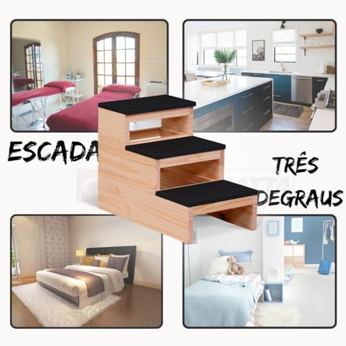 Escada Rampa Cães Gatos 3 Degraus Madeira Subir Cama Preto