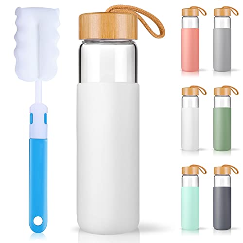 Yomious Botella de agua de vidrio de borosilicato con tapa de bambú y funda de silicona, sin BPA (blanco)