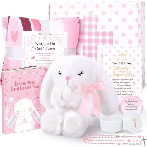 Image of Baptism Gifts for Girl Baptism Gifts Baby Girl Christening Gift, Christening Stuffed Animal Bunny, Baby Dedication Gift, First Rosary Beads, Prayer Book, Keepsake Blanket, Baptism Gift Set (Pink)