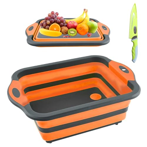 Collapsible Cutting Board with Drain for Camping Picnic BBQ Collapsible Sink Tub Dish Wash Basin Portable Dish Tub Foldable Dishpan for Home Kitchen (Black-Orange)