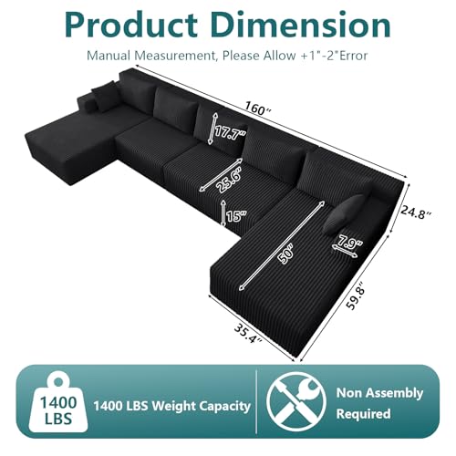Image of 160 inch U-Shape Cloud Couch, Modern Modular Sectional U-Shape Sofa, Corduroy Boneless Couch Upholstered Couches Deep Seat Sleeper Chaise Longue for Living Room, No Assembly Required, Black