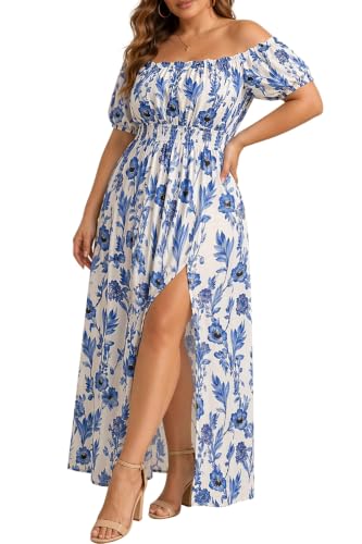 Image of Holipick Women's Off The Shoulder Boho Dress Plus Size Floral Smocked Waist Split Summer Maxi Sundress with Pockets