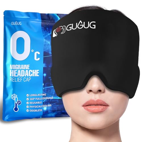 GUGUG 0° Migraine Relief Cap, Headache Cap Migraine Ice Hat, Migraine Ice Head Wrap Cold Gel Ice Pack Mask for Puffy Eyes, Tension, Sinus, and Stress Relief - Black