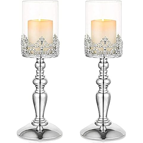 JUNGEN 2er Set Kerzenständer Glas Vintage Silber Kerzenhalter Cover