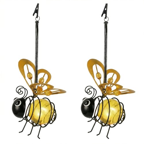 Solar Hanging Bee Light Outdoor Metal Garden Decor with LED Glow Yellow Glass Body Waterproof Solar Powered Insect Ornament for Yard Tree Porch Patio Outdoor Lighted Holiday Displays (2 Pack)