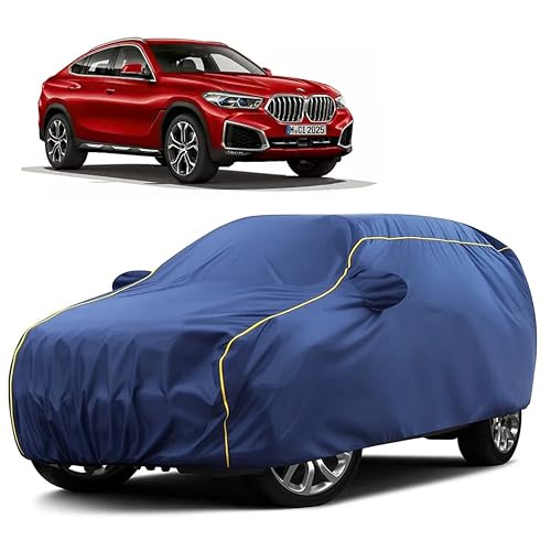 Image of Sulfar 100% Water Resistant Car Body Cover Compatible with Mirror for BMW X6 (Triple Stitched, Full Bottom Elastic, Blue Taffeta with Yellow Piping)