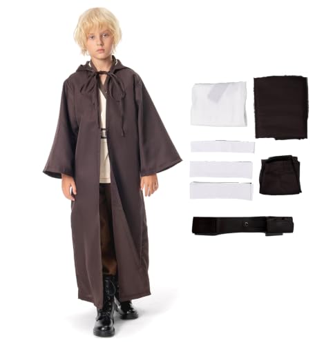 Oddfirm Tunika Robe Kinder Cosplay Umhang mit Kapuze Kapuzenmantel Mittelalter Krieger Ritter Uniform Schwarz Mantel Hose Gürtel Halloween Karneval