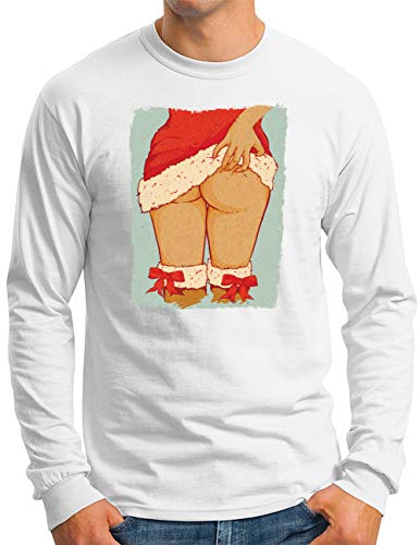 T-shirt manche longue homme humour Noël blanc imprimé sexy pin up fun