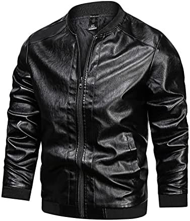 Men's Faux Leather Jacket Casual Motorcycle Vintage Stand Collar Zip-Up Slim Fit Biker Coat Bomber Jacket Black