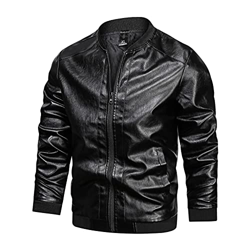 Men's Faux Leather Jacket Casual Motorcycle Vintage Stand Collar Zip-Up Slim Fit Biker Coat Bomber Jacket Black #TOP6