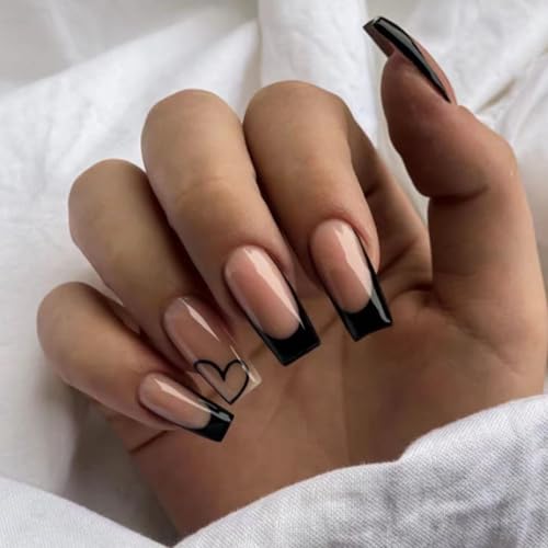 SEMATA Acrylic French Tip Press on Nails Medium Long Square Nails Press ons Coffin Nude French Glue on Fake Nail with Heart Designs Reusable Artificial Stick on False Nail for Women 24Pcs