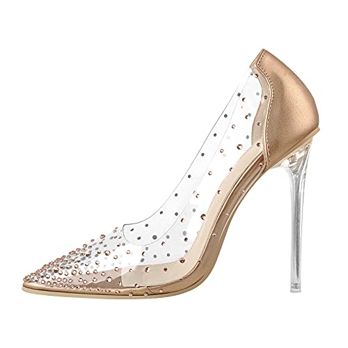 LISHAN Women s Sexy Party High Heels Pointed Toe Clear Slim Heel PVC Pumps Rhinestones Studded Slip On Dressy Shoes Rose Gold Size 6