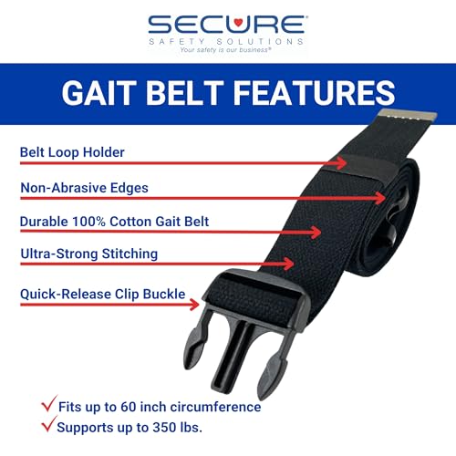 Secure Transfer and Walking Gait Belt 60 inch with Quick Release Clip Buckle and Loop Holder, Black - Medical Gate Standing Assist Lift Aid for Elderly Patients, Physical Therapy, Nurse, Caregiver - Thumbnail 2