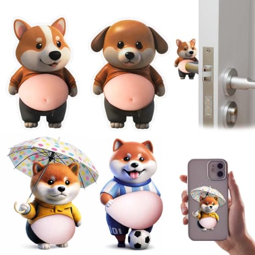 ZENQARI 4 Stück Türstopper Sticker aus Gummi & PVC – Braune Shiba Inu Hundekopf Aufkleber als lustiger Türanschlag und Handy-Sticker für Zuhause, je 11 x 7 cm