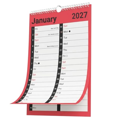 2027 Calendar A4 Large 2 Column - Month to View Spiral Bound Wall Planner Organiser - Easy View Monthly Wall Calendar with Space for Notes