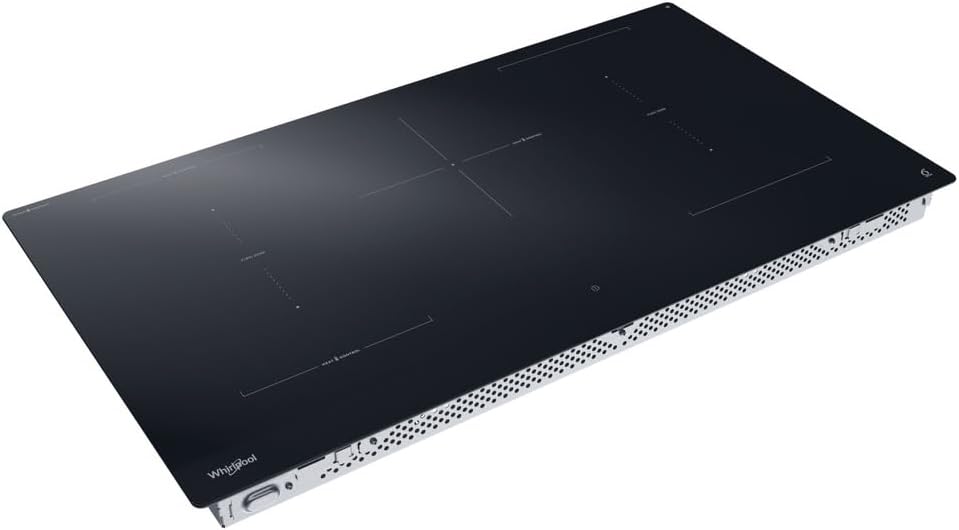 زاویه view of the Whirlpool WEX9024DCFF2 induction hob, showcasing its sleek black glass surface and built-in design.