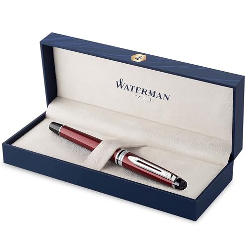 Waterman Expert rotulador roller, color rojo oscuro con adorno cromado, punta fina con recambio de tinta …