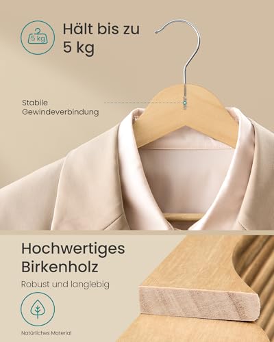 SONGMICS Kleiderbügel Holz, 30er Set, Holzbügel schlank, Bügel, Einkerbungen im Schulterbereich, Hosenbügel, 360° drehbarer Haken, Birkenholz, für Träger und Jacken, naturfarben CRW030K01