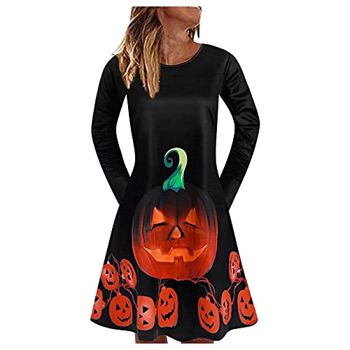 Halloween Dresses for Women Costume Pumpkin Printed Long Sleeve Hoodies Tunic Sweatshirt Dress with Pockets (05 Black, XL)