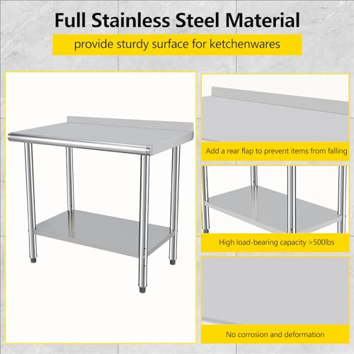 Image of 48x24x35inch Double Layer Stainless Steel Work Table No Caster Wheels with Backsplash