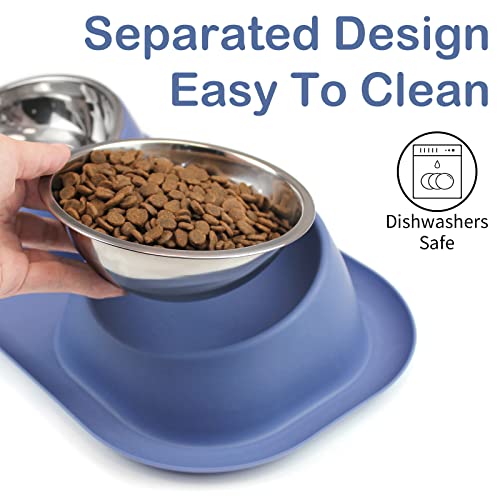 Ptlom Dog Cat Basic Food And Water Bowl Set, 2 Removable Stainless Steel Feeding Bowls With Non-Slip Leak-Proof Plastic Stand Suitable For Small And Medium Pet Puppy Feeder Tableware Supplies, Blue #TOP7