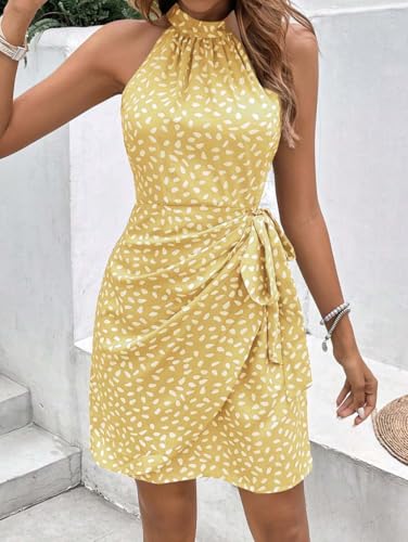 Image of LIGHT DOT Women's Summer Dress Dot Print Halter Neck Tie Waist Casual Zipper Back Sundress Vacation Outfits