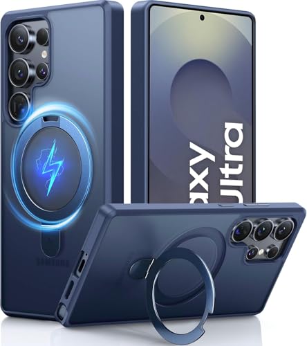 Image of DIZORO Polycarbonate Magnetic Ostand Ring Case Fit for Samsung Galaxy S25 Ultra Case Compatible with Wireless Charging,Military Grade Drop Tested,Translucent Hard Back Soft Edge (Blue.)