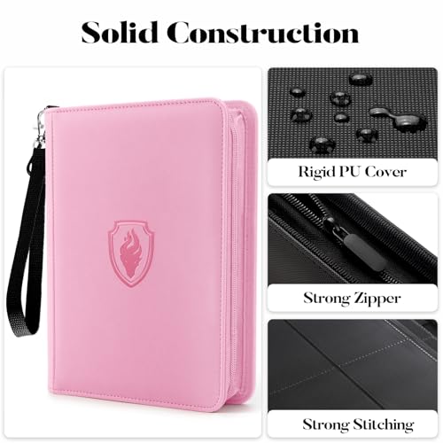 Image of Fabmaker Premium 4 Pocket Zip Card Binder, Trading Card Binder for 320 Cards, Portable PU Card Collection Binder, Collector Card Album Folder for Game & Sports Cards (Pink)