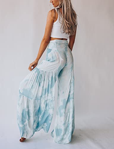 Lrady Women High Waist Wide Leg Palazzo Lounge Pants Beach Boho Tie-Waist Bell Bottoms Trousers, Light Blue, Medium #TOP4