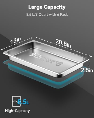 Image of 6 Pack Hotel Pans Full Size 2.5 inch Deep Stainless Steel Steam Table Pan