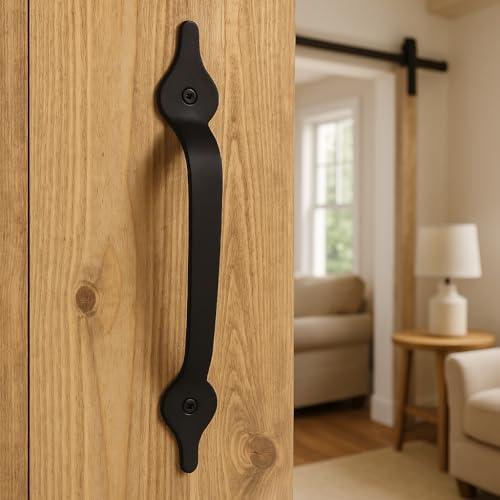 Image of 11 Inch Leaf Arc Barn Door Handle - Black Cast Iron Pull for Sliding Doors, Gates, Sheds, Fences, Closets - Indoor Outdoor Farmhouse Hardware