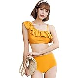 [Teddy] 水着 レディース ビキニ ワンショルダー フリル 2点セット ハイウエスト バックシャン 2way hys2347 (マスタード, XL(11号))