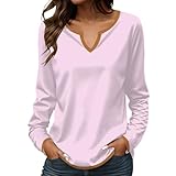 Camiseta de manga larga para mujer, talla grande, informal, cómoda, cálida, color a la moda, camiseta básica con cuello en V, ajuste regular, rosa claro, M