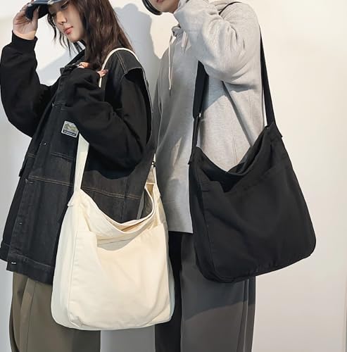 Image of Cotton Tote Handbag Women Canvas Crossbody Beach Bag Hobo Shoulder Tote Bag with 3 External Pocket,Zipper Closure