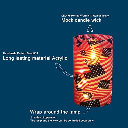 Image of Patriotic Flickering Flameless Candles Stars and Stripes US Flag, Embedded Star String Lights, Battery Operated Acrylic LED Pillar Candles with 11-Key Remote and Timer for Home Decoration, 3 Pack
