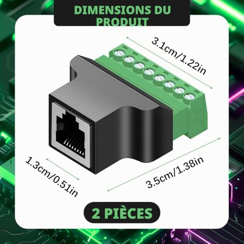 eModwey Lot de 2 connecteurs RJ45 Femelle vers 8 Broches à vis- Connecteur Réseau pour DVR Numérique, Coupleur en Ligne Robuste et Sécurisé – vue 2