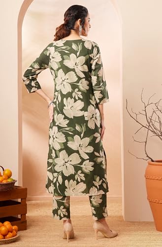 Image of Janasya Women's Olive Pure Cotton Floral Printed Straight Kurta Pant Set