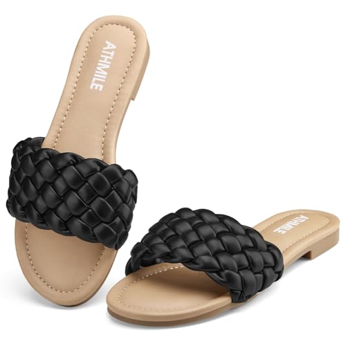 Image of ATHMILE Braided Sandals for Women, Open Toe Flat Summer Slides, Nude Sandal | Woven braided upper with round open toe design, lightweight flat style for beach trips, vacations, and summer outfits.