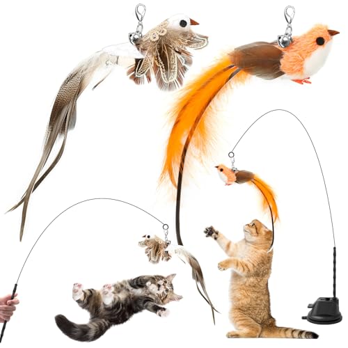 AiQInu 4 Pezzi Giochi per Gatti, Gioco Gatto Interattivo con Ventosa, 1 Canna Pesca per Gatti con 2 Uccelli a Campana, Giocattolo di Intelligenza per Gatto a Bacchetta