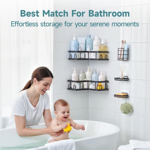 Image of Veken Large Capacity Corner Shower Caddy 5-Pack, Advanced Rustproof Design | No Drilling Adhesive Shelves, Rack with Soap Holder & Hooks, Thickened Metal Frame, Bathroom Organizers and Storage, Black