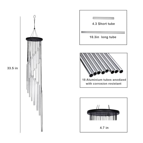 Image of 33.5 inch 18 Pipe Metal Wind Chims for Home Balcony Energy,& Office Positive Energy Meditation and Best Gift for Birthday Anniversary Home Vastu and Return Gift 18 Pipe Black,18 Pipe-Silver