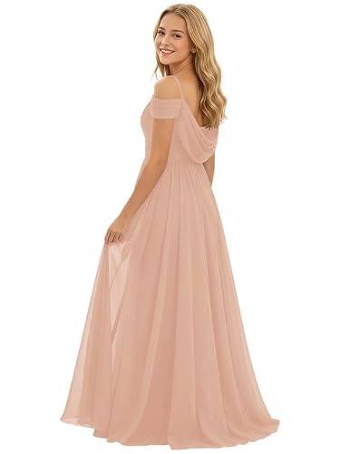 Habteens Rose Gold Junior Bridesmaid Dresses for Wedding Girl Draped Cowl Neck A-line Cold Shoulder Sleeve Chiffon Dress Pageant Formal Guest Gown 10