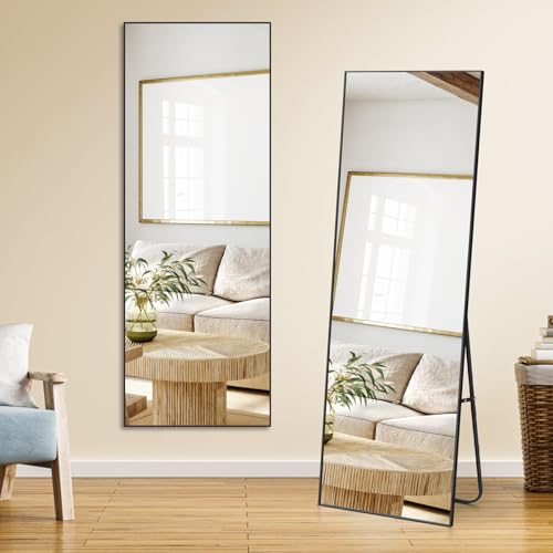 WISYOK 165x60cm Specchi da Terra a Inclinazione Regolabile, Specchio da Terra Rettangolare, Specchio da Parete Grande, Specchio Lungo da Terra per Camera da Letto, Camerino, Soggiorno (Nera)