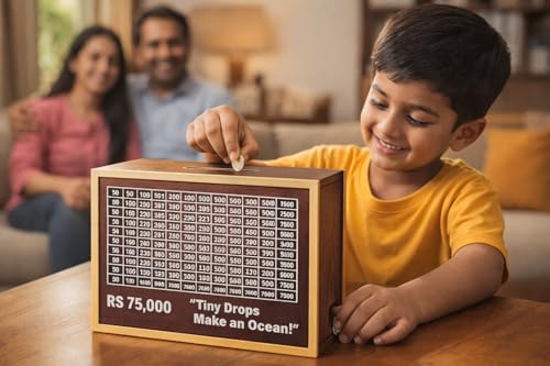 Image of Dr.MASHUR Wooden Money Saving Challenge Box with Printed Amount Board for Cash and Coin Collection, Reusable Saving Box for Kids and Adults (Pen 75k Money box-2pc, 2, Count)