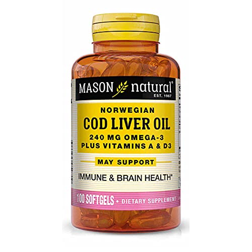 Mason Natural Norwegian Cod Liver Oil 1000 mg Plus Omega-3 with Vitamins A and D3 - Healthy Heart and Brain Function, Improved Immunity, Supports Overall Health, 100 Softgels